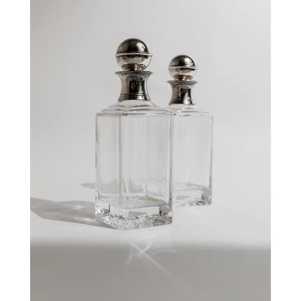 2 Vintage Glass Decanters - with silver-plated ball Stoppers - Art Deco Style Italy 1950s