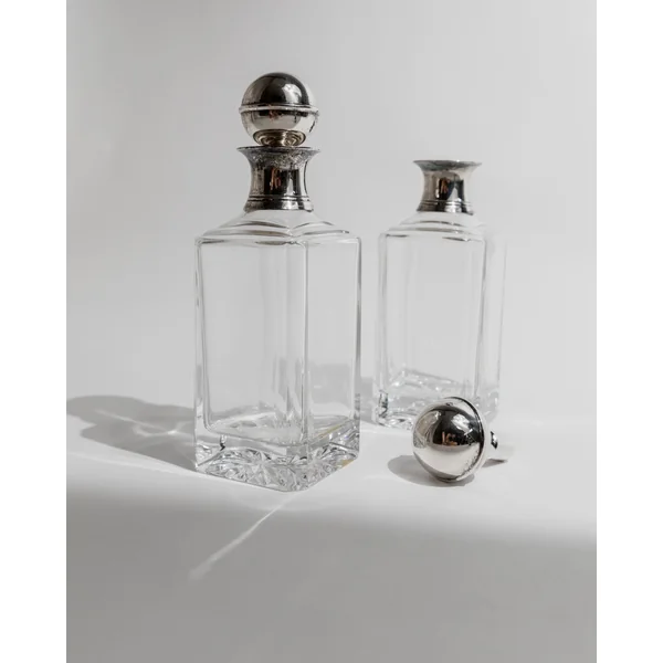 2 Vintage Glass Decanters - with silver-plated ball Stoppers - Art Deco Style Italy 1950s
