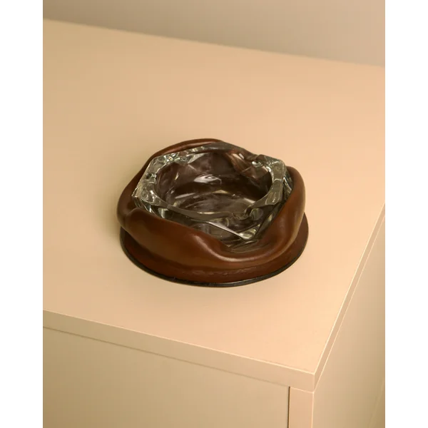 60s Italian Brown Leather Glass Ashtray