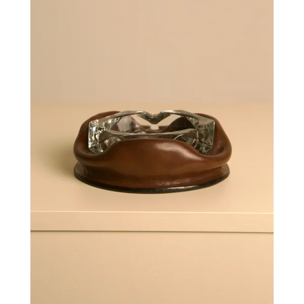 60s Italian Brown Leather Glass Ashtray