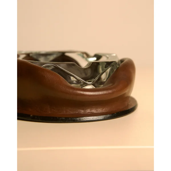 60s Italian Brown Leather Glass Ashtray