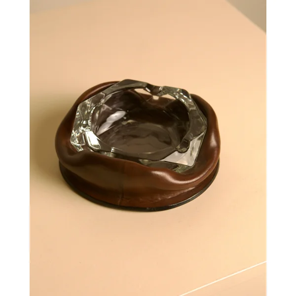 60s Italian Brown Leather Glass Ashtray