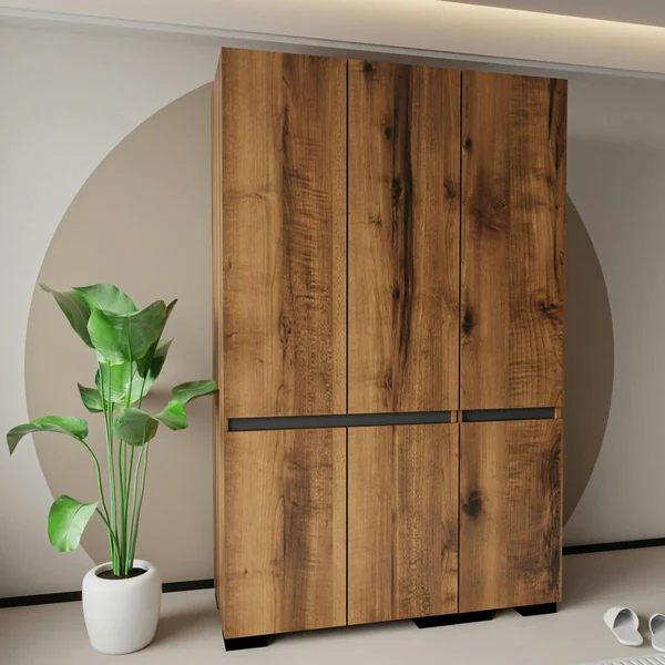 Armoire 3 portes effet noyer détail gris 10 étagères BYRON