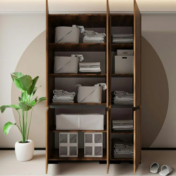 Armoire 3 portes effet noyer détail gris 10 étagères BYRON