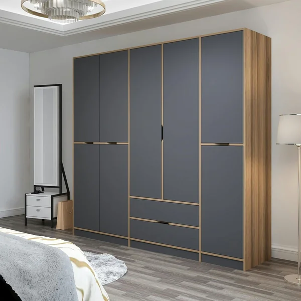 Armoire dressing chambre effet bois, 8 portes grises BYRON