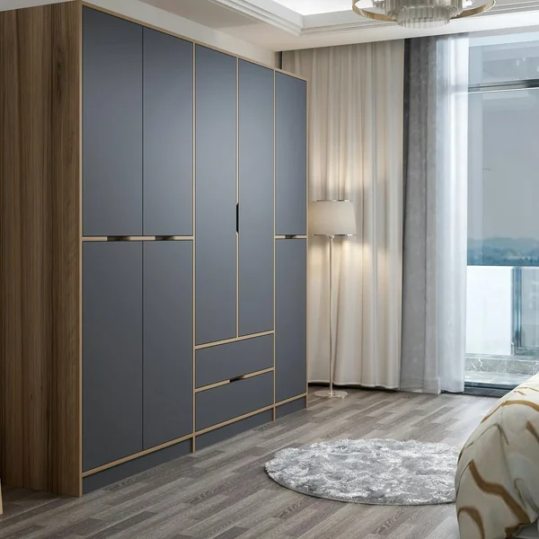 Armoire dressing chambre effet bois, 8 portes grises BYRON