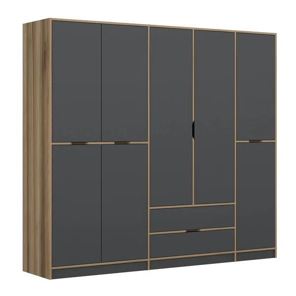 Armoire dressing chambre effet bois, 8 portes grises BYRON
