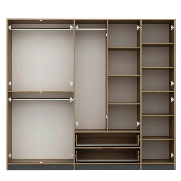 Armoire dressing chambre effet bois, 8 portes grises BYRON