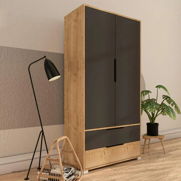 Armoire penderie 2 portes anthracite et effet bois BYRON