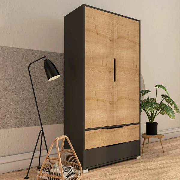 Armoire penderie 2 portes effet bois et anthracite BYRON