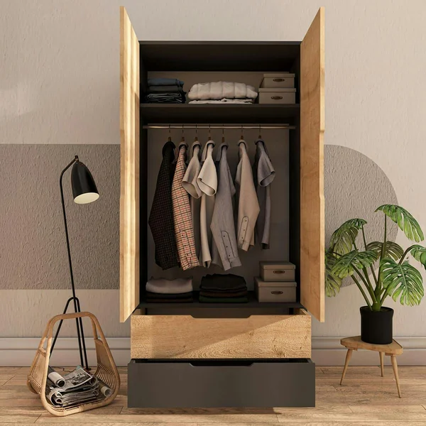 Armoire penderie 2 portes effet bois et anthracite BYRON
