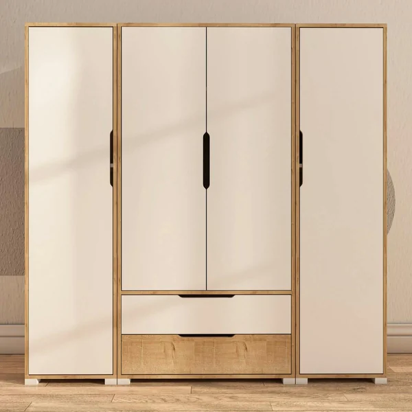 Armoire penderie 4 portes, effet bois et blanc BYRON