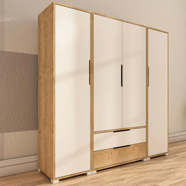 Armoire penderie 4 portes, effet bois et blanc BYRON