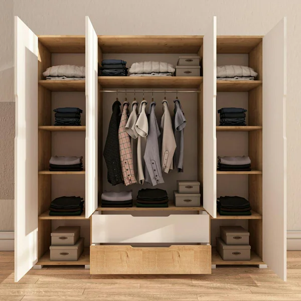Armoire penderie 4 portes, effet bois et blanc BYRON
