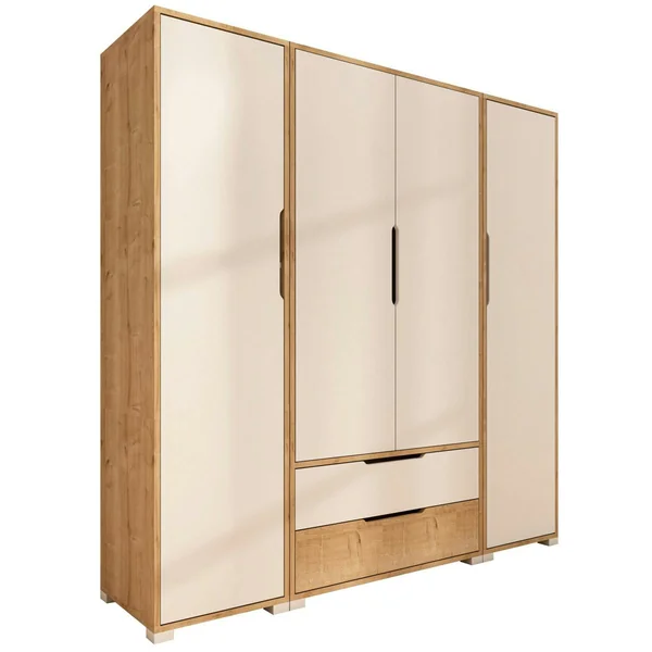 Armoire penderie 4 portes, effet bois et blanc BYRON