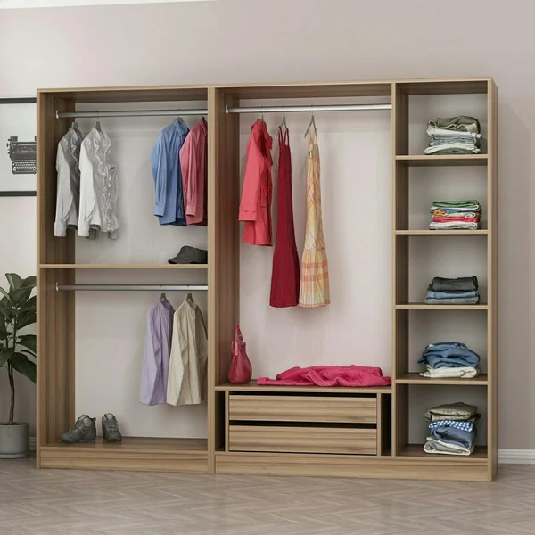 Armoire penderie 5 portes verre et cadre effet noyer BYRON