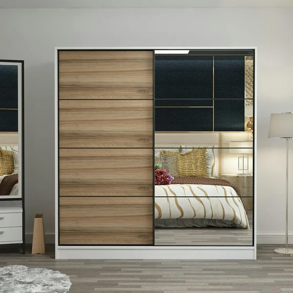Armoire penderie blanche, porte effet bois et miroir BYRON