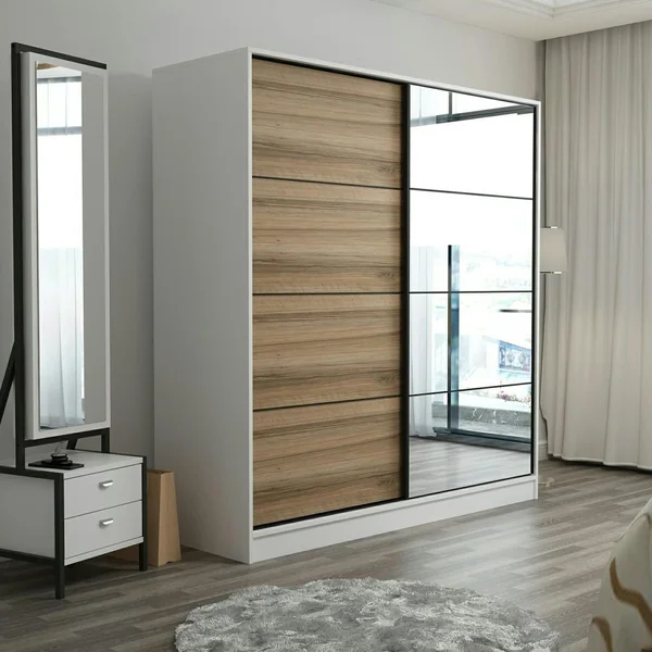 Armoire penderie blanche, porte effet bois et miroir BYRON