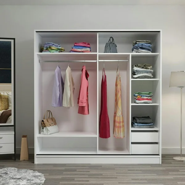 Armoire penderie blanche, porte effet bois et miroir BYRON