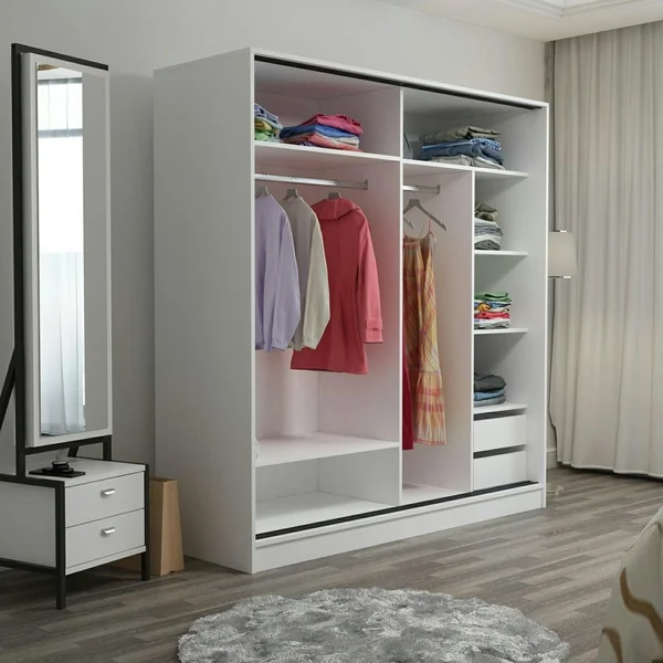 Armoire penderie blanche, porte effet bois et miroir BYRON