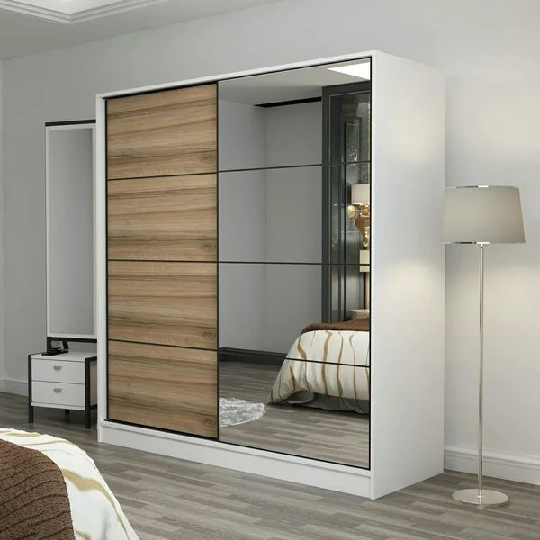 Armoire penderie blanche, porte effet bois et miroir BYRON