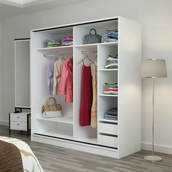 Armoire penderie blanche, porte effet bois et miroir BYRON