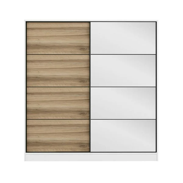 Armoire penderie blanche, porte effet bois et miroir BYRON
