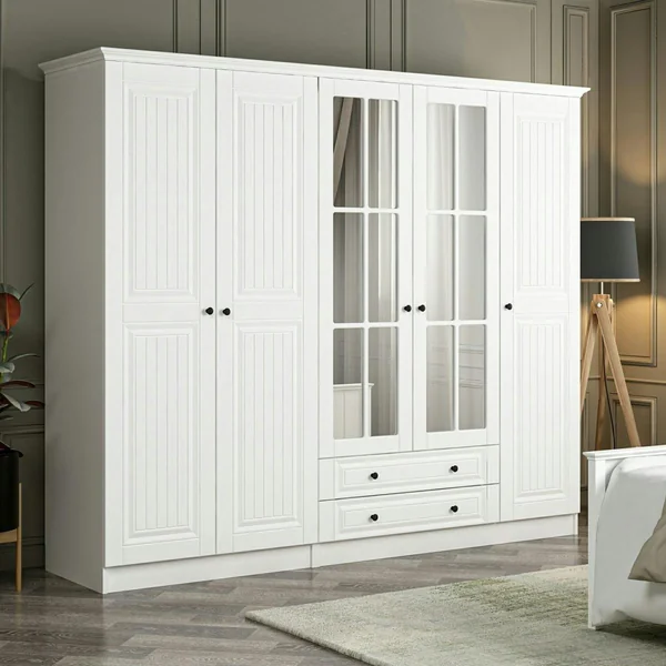 Armoire penderie blanche à moulures, 5 portes 2 miroirs BYRON