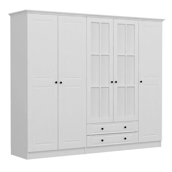 Armoire penderie blanche à moulures, 5 portes 2 miroirs BYRON