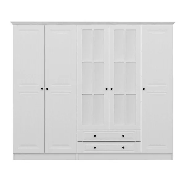 Armoire penderie blanche à moulures, 5 portes 2 miroirs BYRON