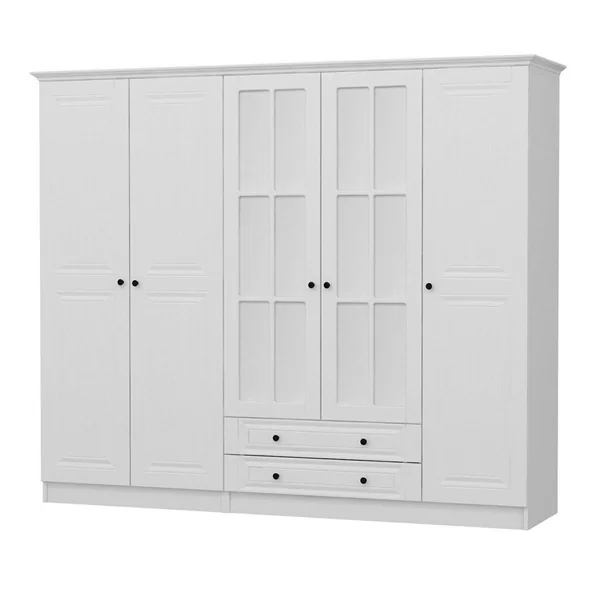 Armoire penderie blanche à moulures, 5 portes 2 miroirs BYRON