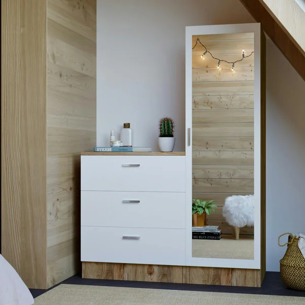 Armoire penderie compacte décor bois et blanc 1 miroir MARFA