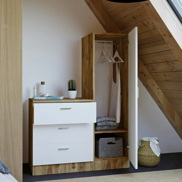 Armoire penderie compacte décor bois et blanc 1 miroir MARFA