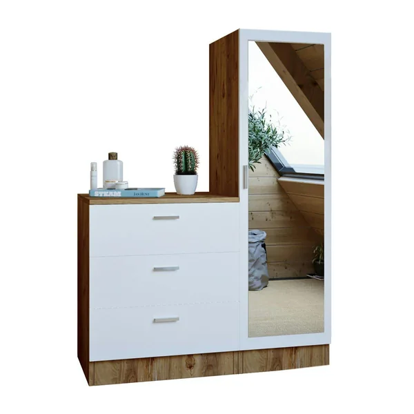 Armoire penderie compacte décor bois et blanc 1 miroir MARFA