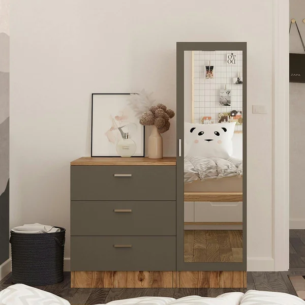Armoire penderie compacte décor bois et gris 1 miroir MARFA
