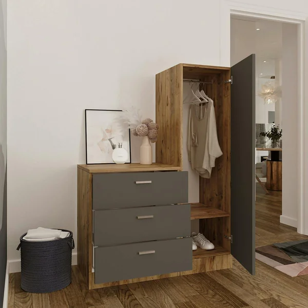 Armoire penderie compacte décor bois et gris 1 miroir MARFA
