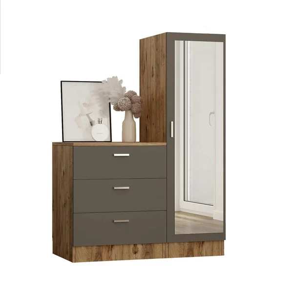 Armoire penderie compacte décor bois et gris 1 miroir MARFA