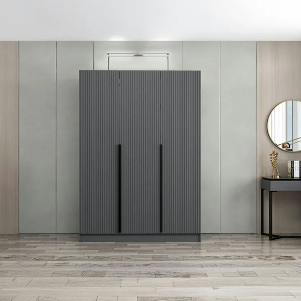 Armoire penderie design 3 portes grises rainurées BYRON