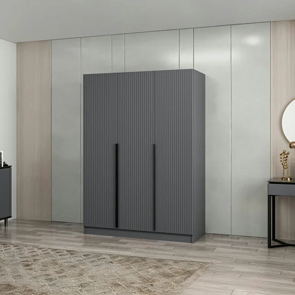 Armoire penderie design 3 portes grises rainurées BYRON
