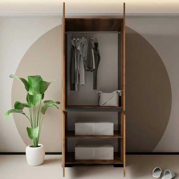 Armoire penderie effet noyer détail gris, 2 étagères BYRON