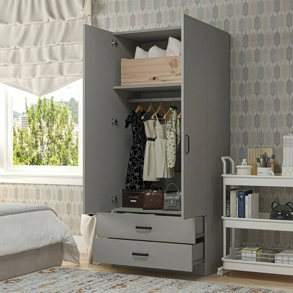 Armoire penderie grise 2 portes 2 tiroirs 80 cm BYRON