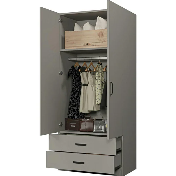 Armoire penderie grise 2 portes 2 tiroirs 80 cm BYRON