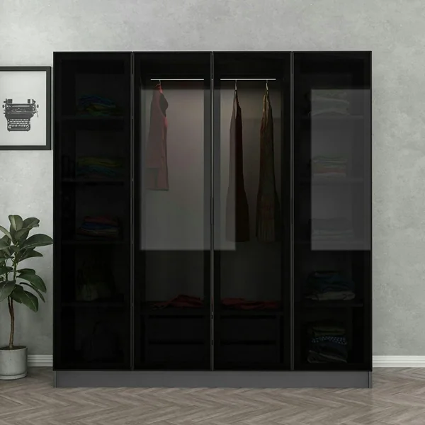 Armoire penderie grise 4 portes verre H 210 cm BYRON