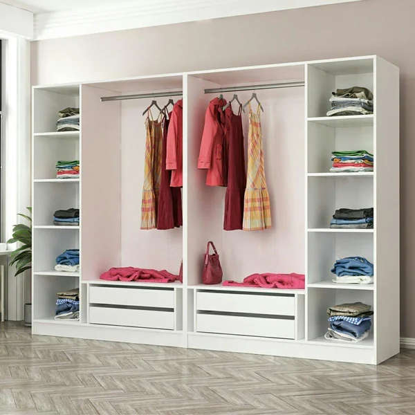 Armoire penderie ouverte blanche 2 portants 4 tiroirs BYRON