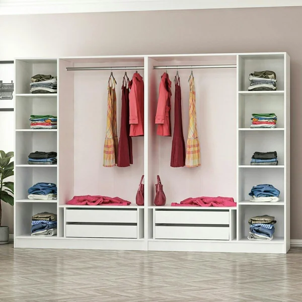 Armoire penderie ouverte blanche 2 portants 4 tiroirs BYRON