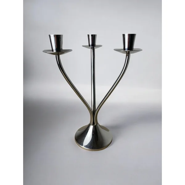 Art deco candlestick in stainless steel 3 flames, Spain, Circa 1970