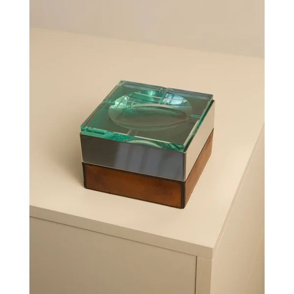 Ashtray and box in silver, leather and glass by Fontana Arte 60's