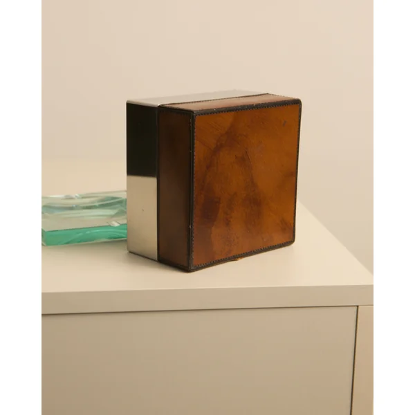 Ashtray and box in silver, leather and glass by Fontana Arte 60's