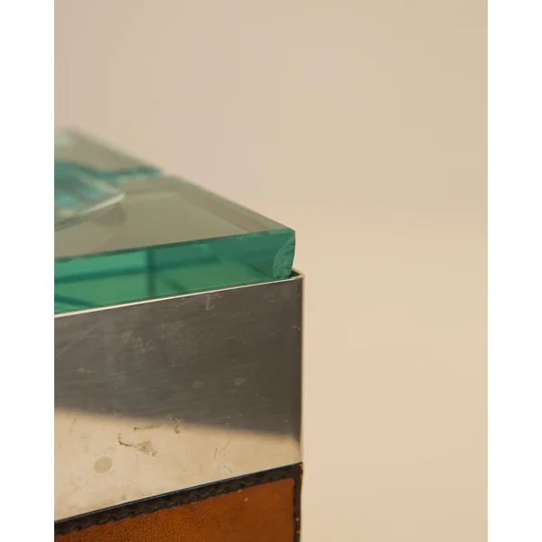 Ashtray and box in silver, leather and glass by Fontana Arte 60's
