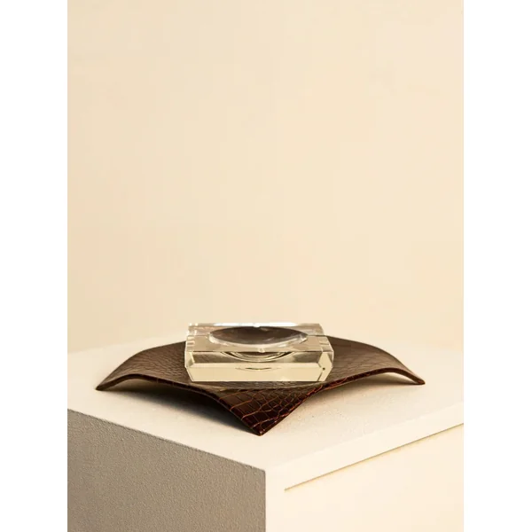 Ashtray in Crystal and Brown Italian Crocodile Leather 80's